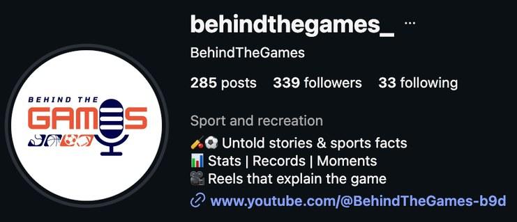 Behind the Games Instagram profile: 285 posts, 339 followers